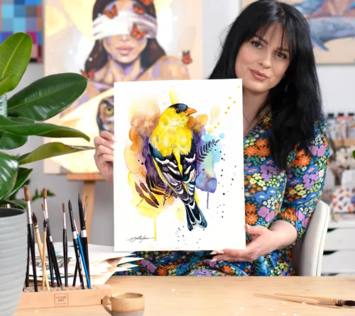American goldfinch watercolor painting, limited edition art print by Slaveika Aladjova