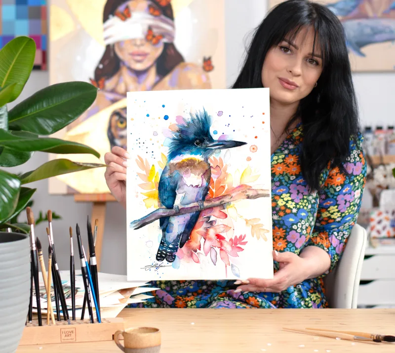 Belted kingfisher watercolor painting, limited edition art print by Slaveika Aladjova
