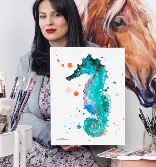 Blue seahorse watercolor painting, limited edition art print by Slaveika Aladjova, view 2