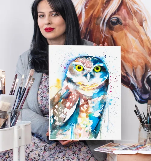 Burrowing owl watercolor painting, limited edition art print by Slaveika Aladjova