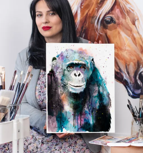 Chimpanzee watercolor painting, limited edition art print by Slaveika Aladjova, view 2