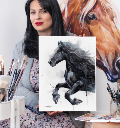 Friesian horse watercolor painting, limited edition art print by Slaveika Aladjova