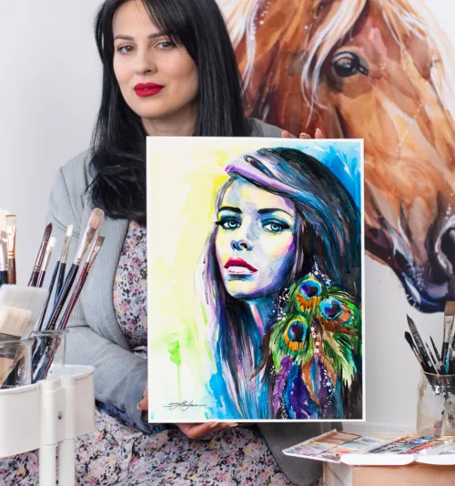 Girl with peacock feather earring, watercolor portrait, limited edition art print by Slaveika Aladjova, view 2