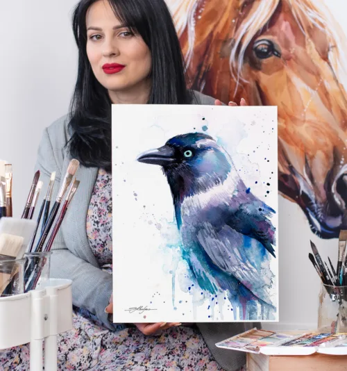 Jackdaw watercolor painting, limited edition art print by Slaveika Aladjova, view 2