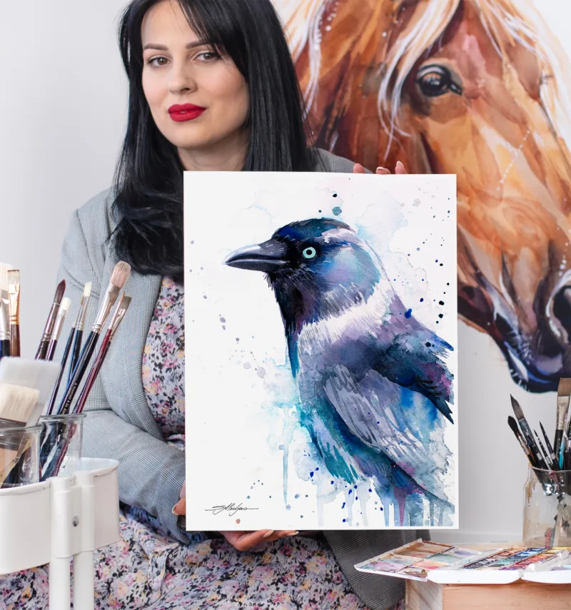 Jackdaw watercolor painting, limited edition art print by Slaveika Aladjova, view 2