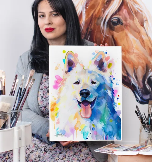 White Swiss Shepherd watercolor painting, limited edition art print by Slaveika Aladjova, view 2