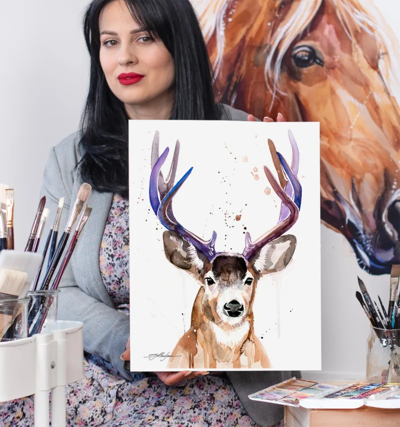 Mule deer watercolor painting, limited edition art print by Slaveika Aladjova, view 2
