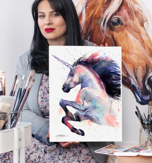 Pink unicorn watercolor painting, limited edition art print by Slaveika Aladjova