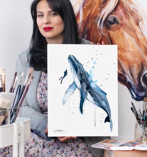 Freediver with Humpback Whale watercolor painting print by Slaveika Aladjova Freediver swimming beside a humpback whale, watercolor painting, limited edition art print by Slaveika Aladjova