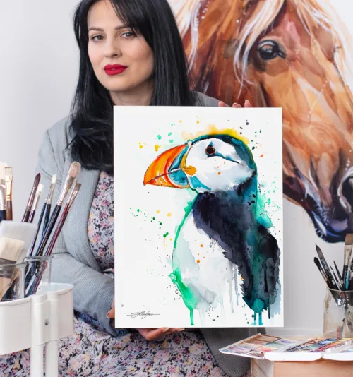 Atlantic puffin watercolor painting, limited edition art print by Slaveika Aladjova, view 2
