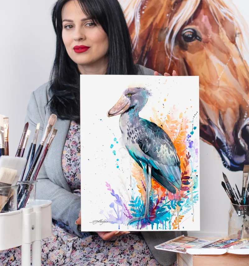 Shoebill watercolor painting, limited edition art print by Slaveika Aladjova