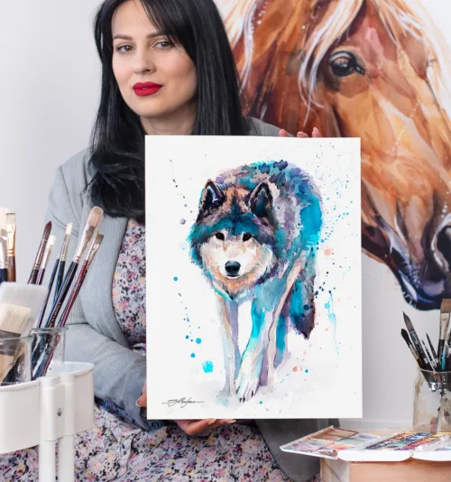 Slaveika-Aladjova-Art-7 Grey wolf watercolor portrait looking straight ahead, limited edition art print by Slaveika Aladjova