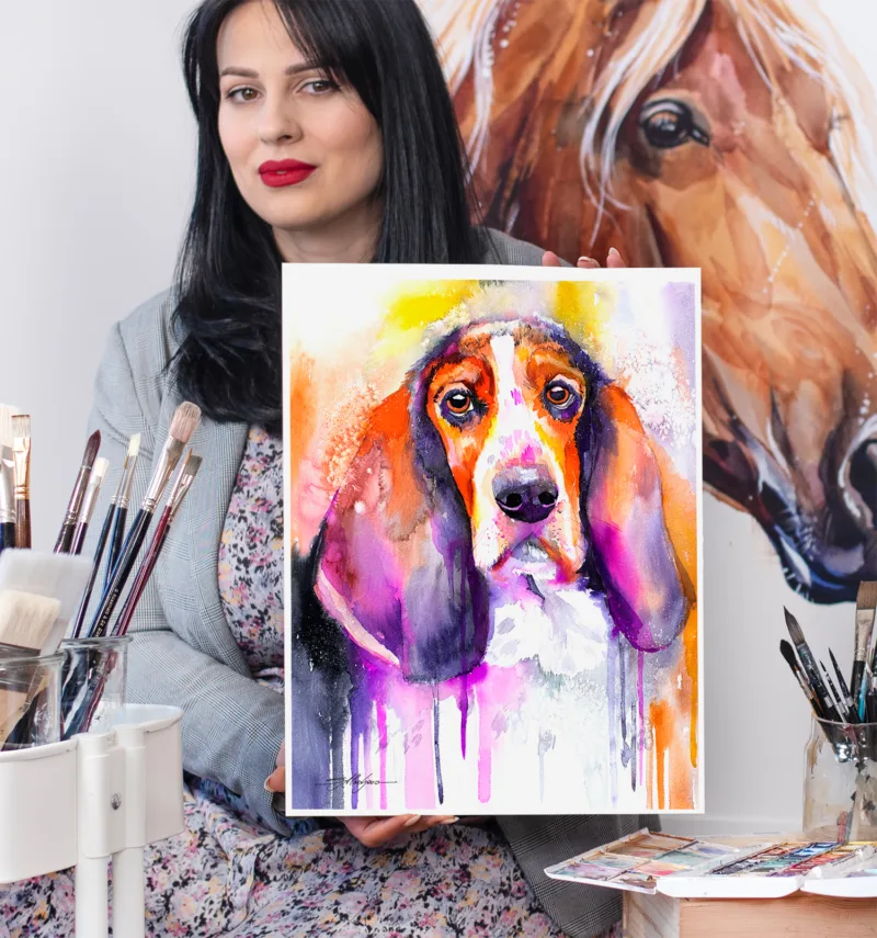 Basset Hound watercolor painting, limited edition art print by Slaveika Aladjova, view 3