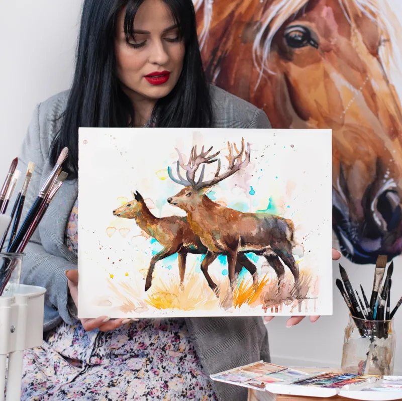 Red deer stag and hind walking, watercolor painting, limited edition art print by Slaveika Aladjova, view 4