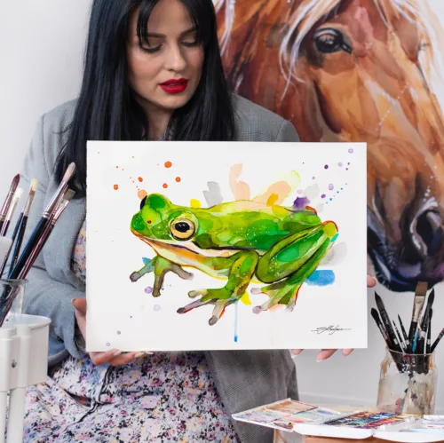 Green tree frog watercolor painting, limited edition art print by Slaveika Aladjova, view 2