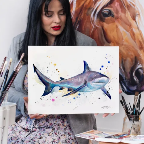 Grey reef shark watercolor painting, limited edition art print by Slaveika Aladjova