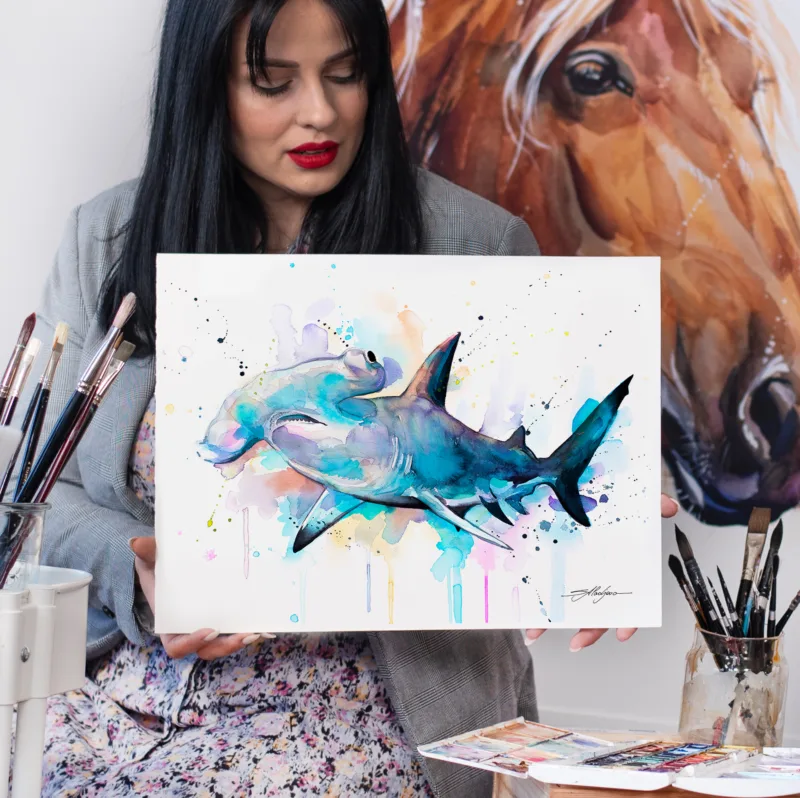 Hammerhead shark watercolor painting, limited edition art print by Slaveika Aladjova, view 3