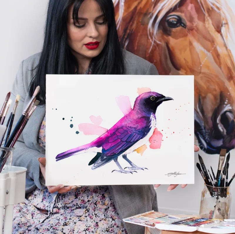 Amethyst starling watercolor painting, limited edition art print by Slaveika Aladjova, view 3