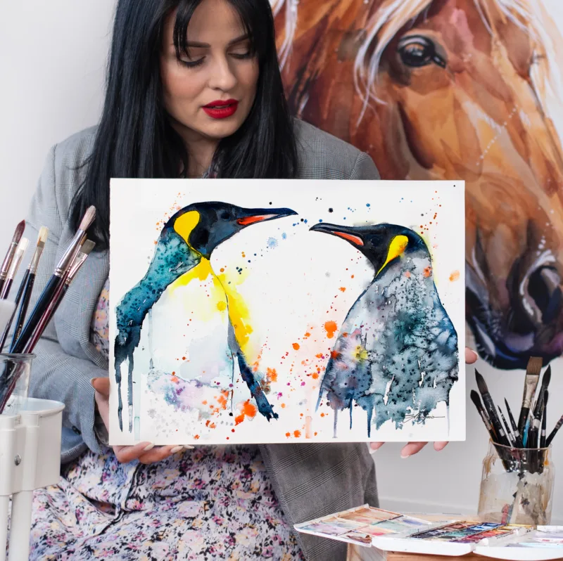 Two king penguins face to face, watercolor painting, limited edition art print by Slaveika Aladjova, view 3
