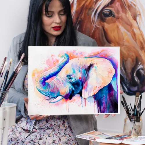 Pink elephant watercolor painting, limited edition art print by Slaveika Aladjova