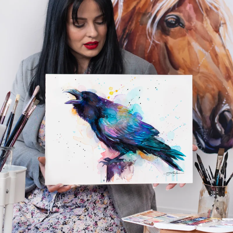 Raven watercolor painting, limited edition art print by Slaveika Aladjova, view 3