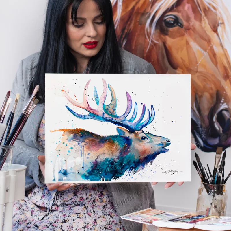 Red deer stag watercolor painting, limited edition art print by Slaveika Aladjova, view 3