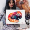 Red panda sitting with its tail curled, watercolor painting, limited edition art print by Slaveika Aladjova, view 3