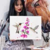 Two ruby-throated hummingbirds at pink flowers, watercolor painting, limited edition art print by Slaveika Aladjova, view 4