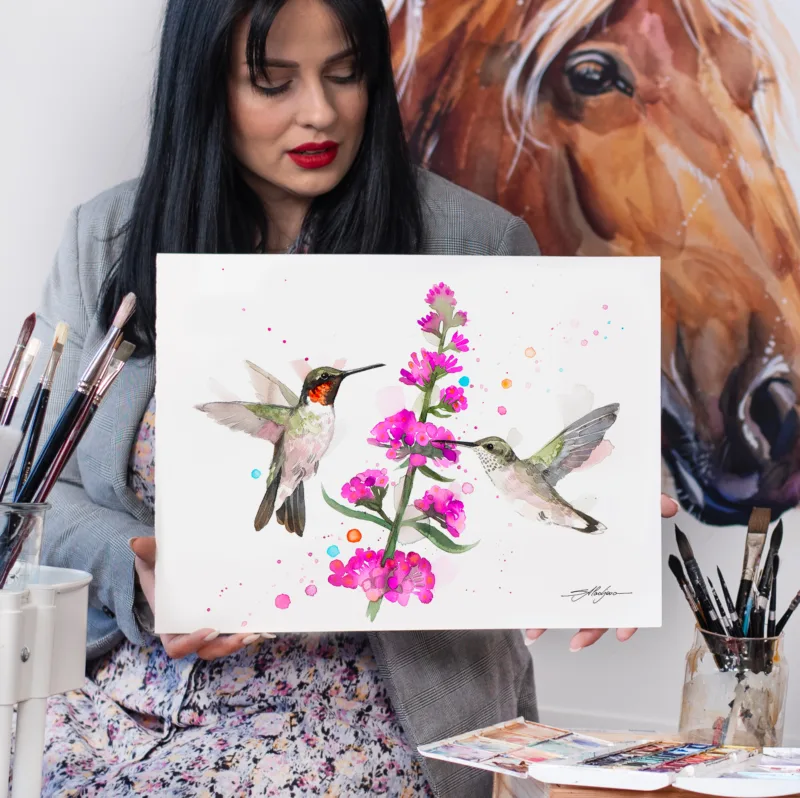 Two ruby-throated hummingbirds at pink flowers, watercolor painting, limited edition art print by Slaveika Aladjova, view 4