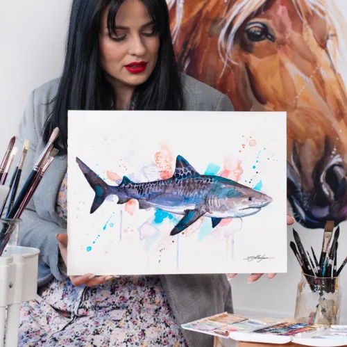 Tiger shark watercolor painting, limited edition art print by Slaveika Aladjova