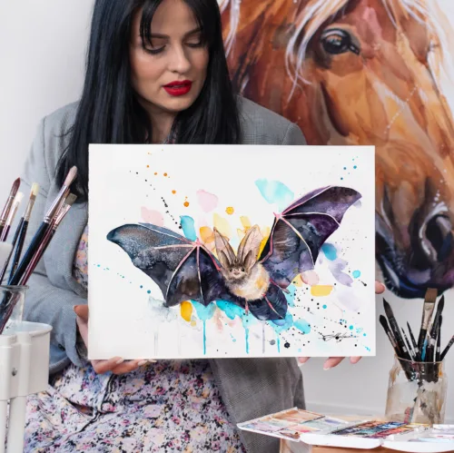 Townsend's big-eared bat in flight, watercolor painting, limited edition art print by Slaveika Aladjova