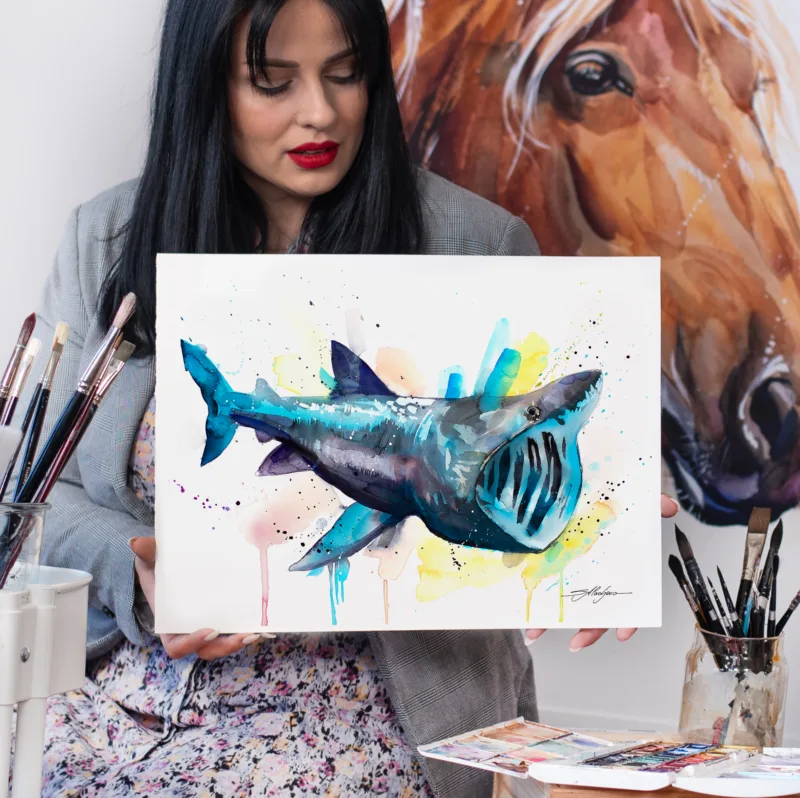 Basking shark watercolor painting, limited edition art print by Slaveika Aladjova, view 3