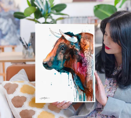 Brown bull watercolor painting, limited edition art print by Slaveika Aladjova