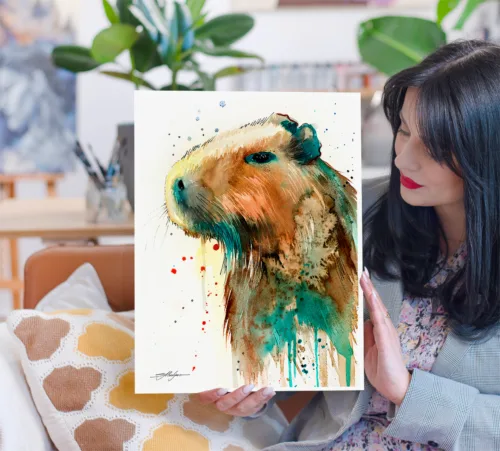 Capybara watercolor painting, limited edition art print by Slaveika Aladjova