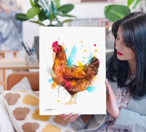 Hen, Chicken Hen watercolor painting, limited edition art print by Slaveika Aladjova