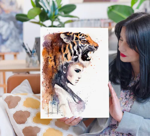 Tiger girl watercolor painting, woman with a tiger headdress, limited edition art print by Slaveika Aladjova, view 2
