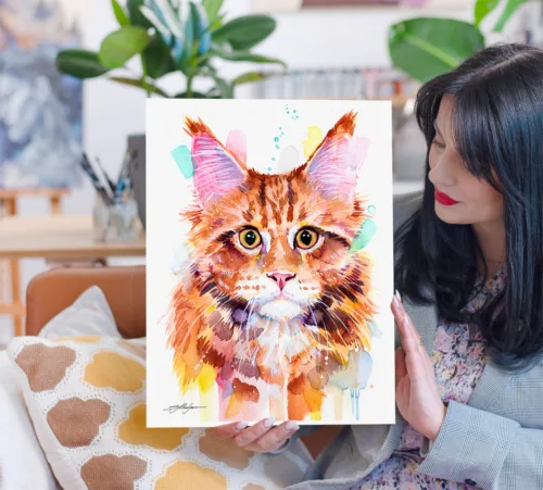 Maine Coon Cat Red Tabby watercolor painting print by Slaveika Aladjova, art, animal, illustration, home decor, Maine Coon cat watercolor painting, limited edition art print by Slaveika Aladjova