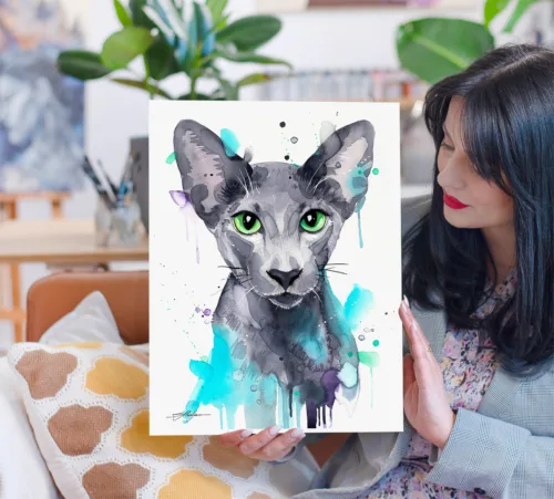 Oriental Shorthair cat watercolor painting, limited edition art print by Slaveika Aladjova