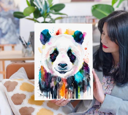 Colorful panda watercolor painting, limited edition art print by Slaveika Aladjova, view 2