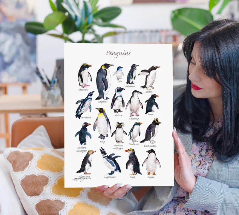 Penguins of the world watercolor chart with 18 species, limited edition art print by Slaveika Aladjova, view 4