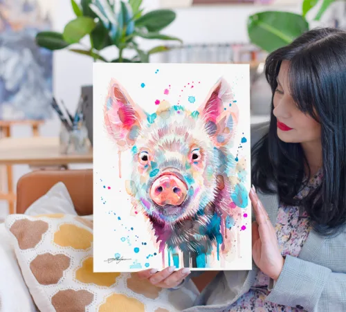 Pig watercolor painting, limited edition art print by Slaveika Aladjova, view 2