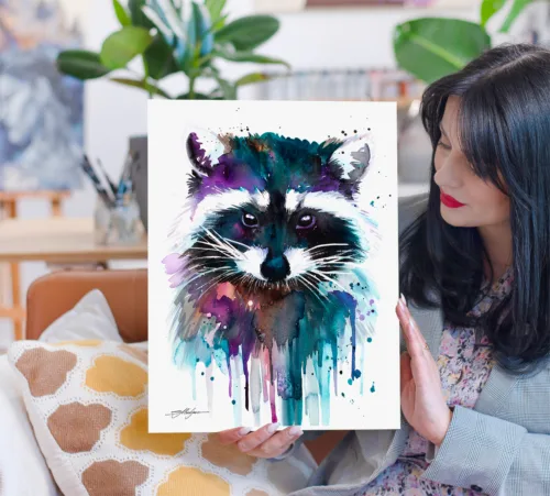 Raccoon watercolor painting with black mask and ringed tail, limited edition art print by Slaveika Aladjova