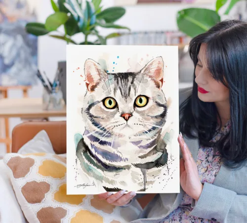 American Shorthair cat watercolor painting, limited edition art print by Slaveika Aladjova, view 2
