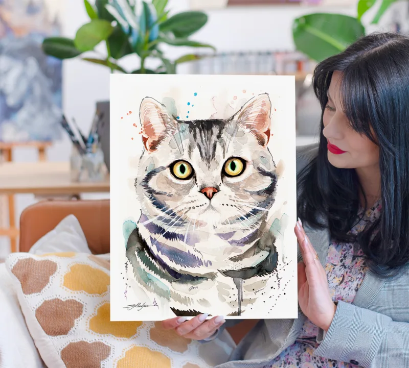 American Shorthair cat watercolor painting, limited edition art print by Slaveika Aladjova, view 2
