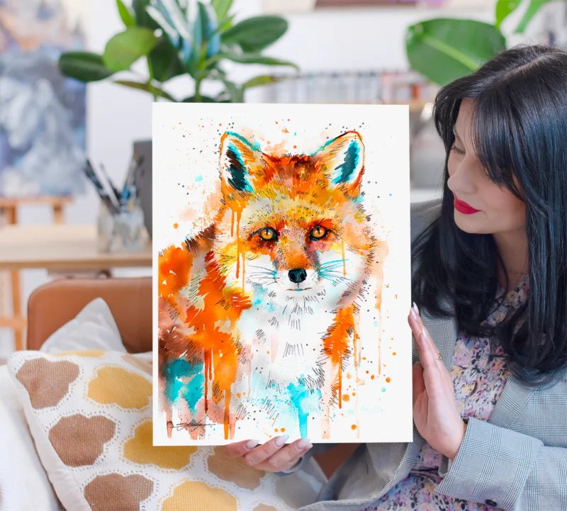 Sitting red fox watercolor painting, limited edition art print by Slaveika Aladjova, view 2