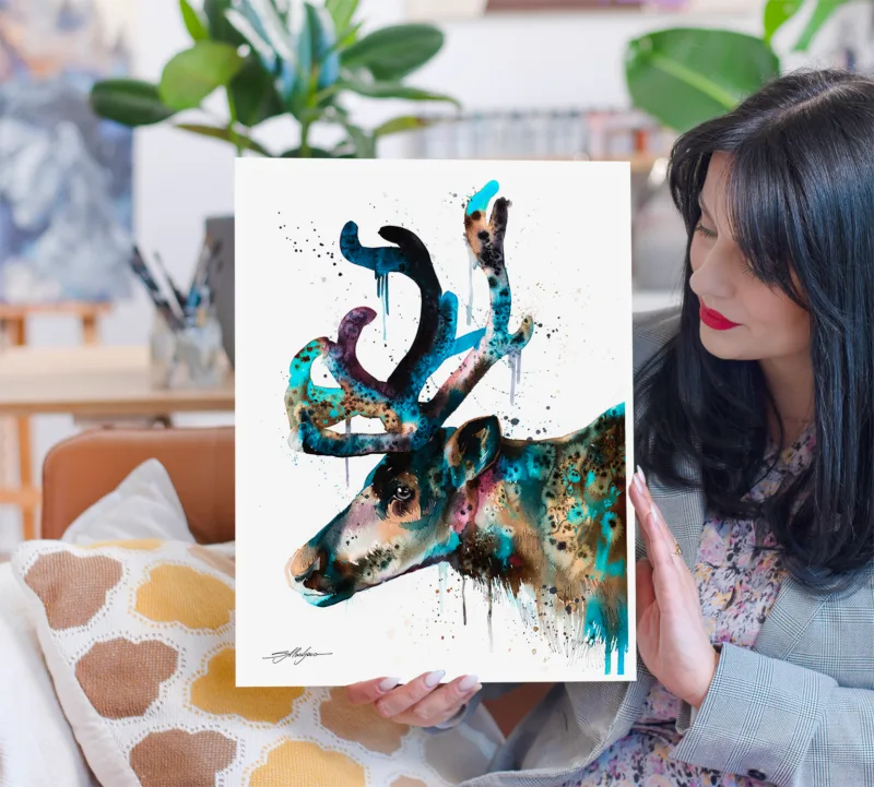 Reindeer watercolor painting, limited edition art print by Slaveika Aladjova, view 2