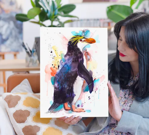 Royal penguin watercolor painting, limited edition art print by Slaveika Aladjova, view 2