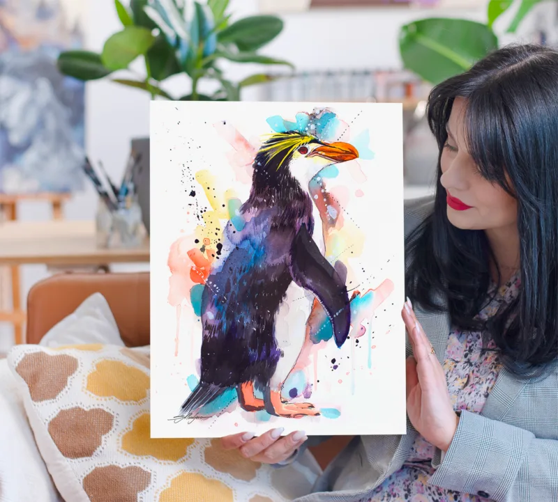 Royal penguin watercolor painting, limited edition art print by Slaveika Aladjova, view 2