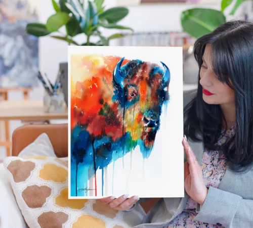 American bison watercolor painting, limited edition art print by Slaveika Aladjova, view 2