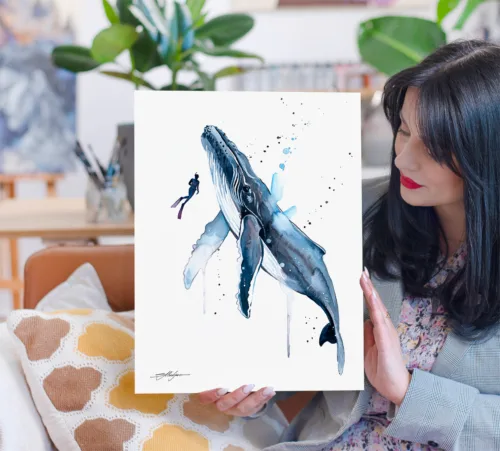 Home 12 Freediver swimming beside a humpback whale, watercolor painting, limited edition art print by Slaveika Aladjova, view 2